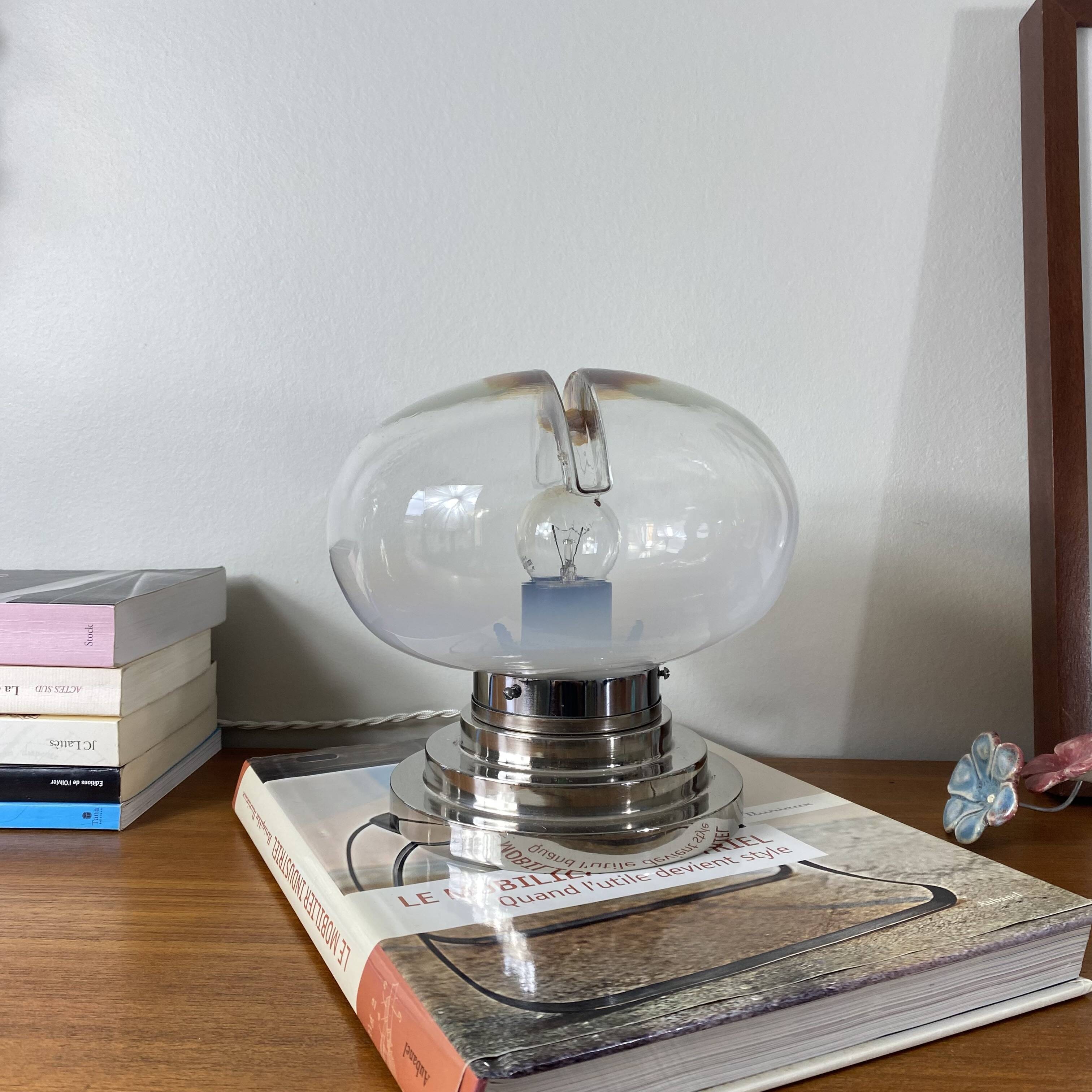 Lampe vintage verre Murano Mazzega et métal chromé