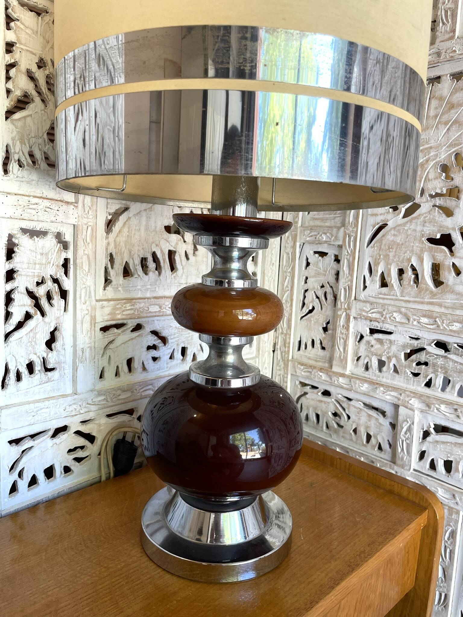 Large Vintage Space Age Table Lamp / 1970s Design - Ceramic & Chrome
