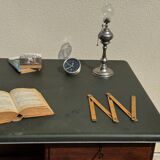 Modernist desk in wood and green moleskin upholstery