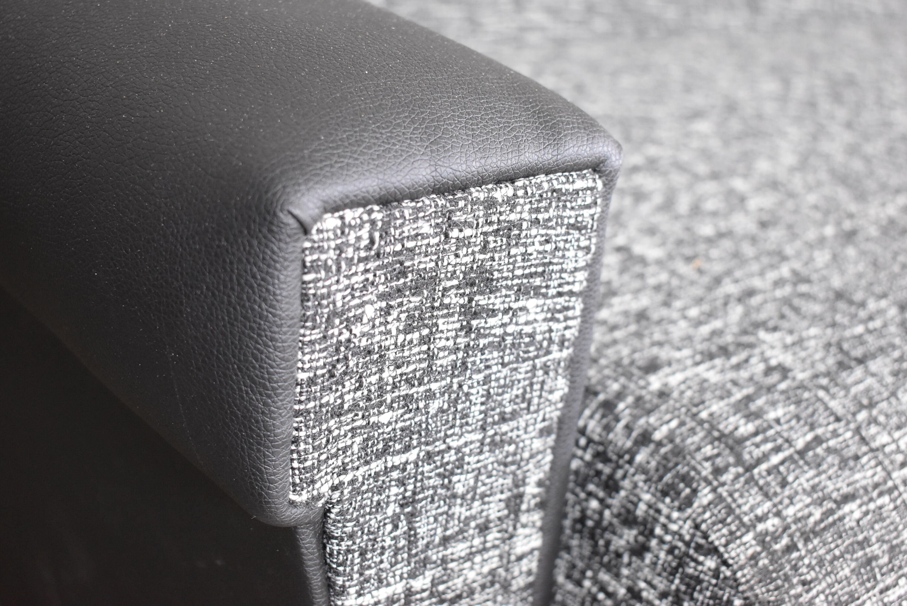 Restored couch, 60s, black and white fabric, black leather