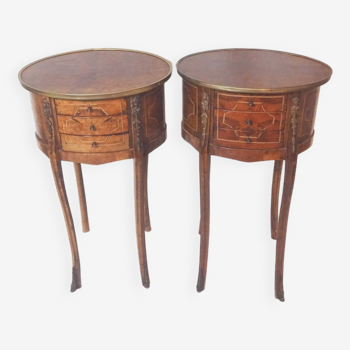 Pair of antique inlaid bedside tables in louis xv-xvi transition style