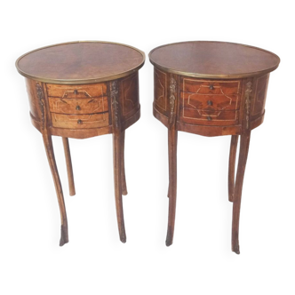 Pair of antique inlaid bedside tables in louis xv-xvi transition style