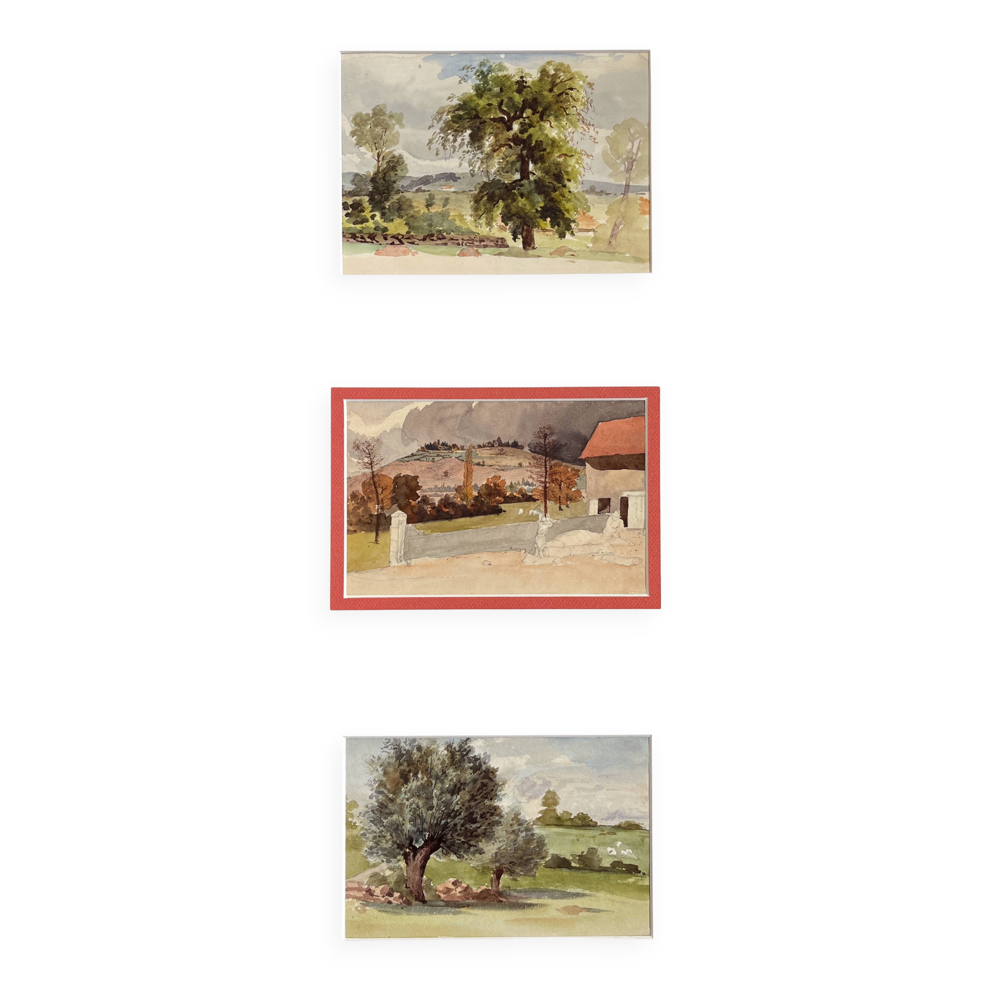 Painting Set of 3 watercolors Village and countryside early 20th century