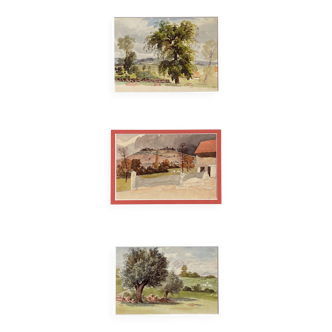 Painting Set of 3 watercolors Village and countryside early 20th century