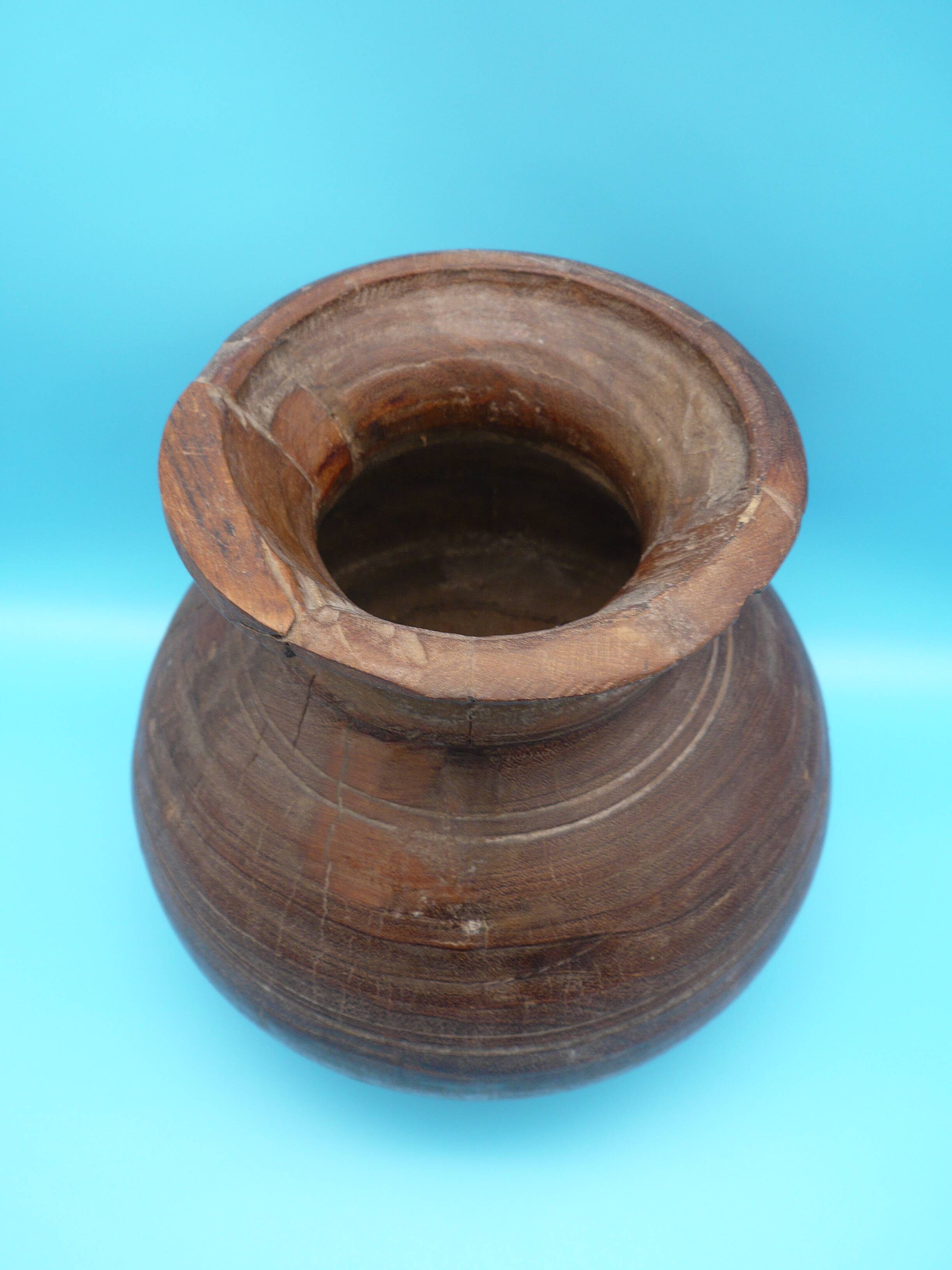 Large carved wooden pot / India