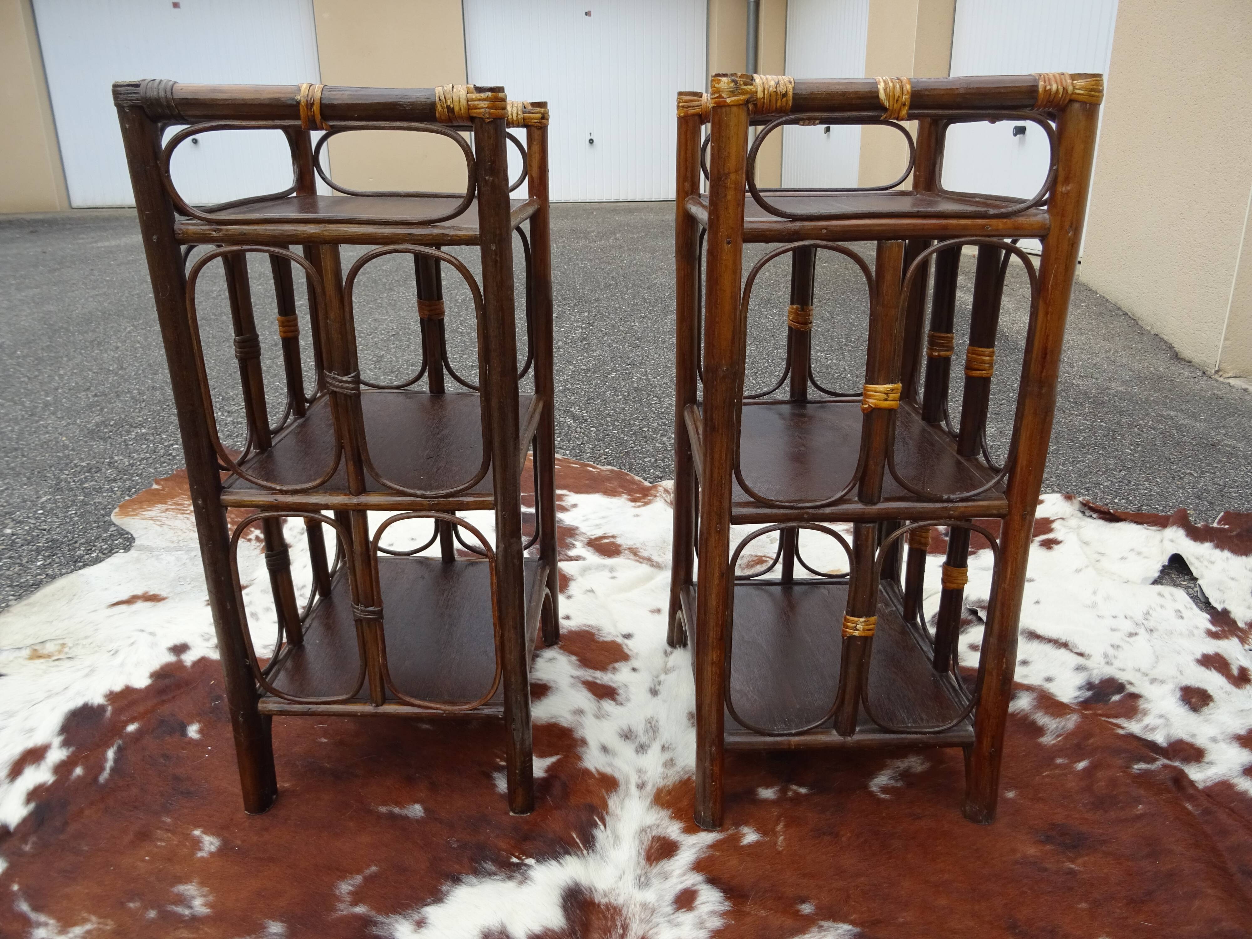 Pair of side tables bedside rattan and vintage bamboo