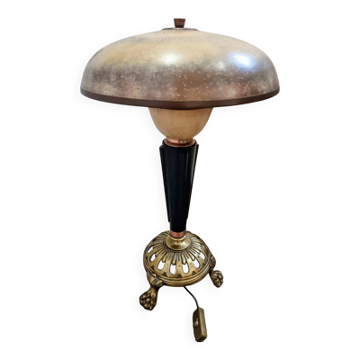 Lampe de table art déco vintage – cuivre, laiton et bakélite – abat-jour champignon – années 1920