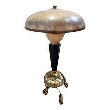 Lampe de table art déco vintage – cuivre, laiton et bakélite – abat-jour champignon – années 1920