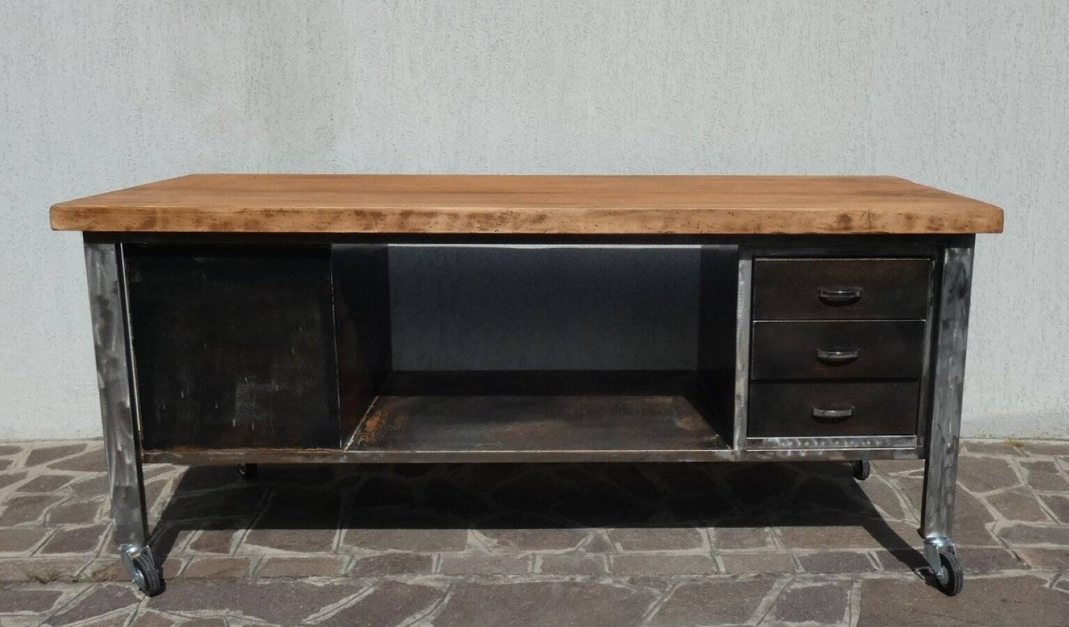 Industrial Island Counter in Steel and Walnut, 1970s