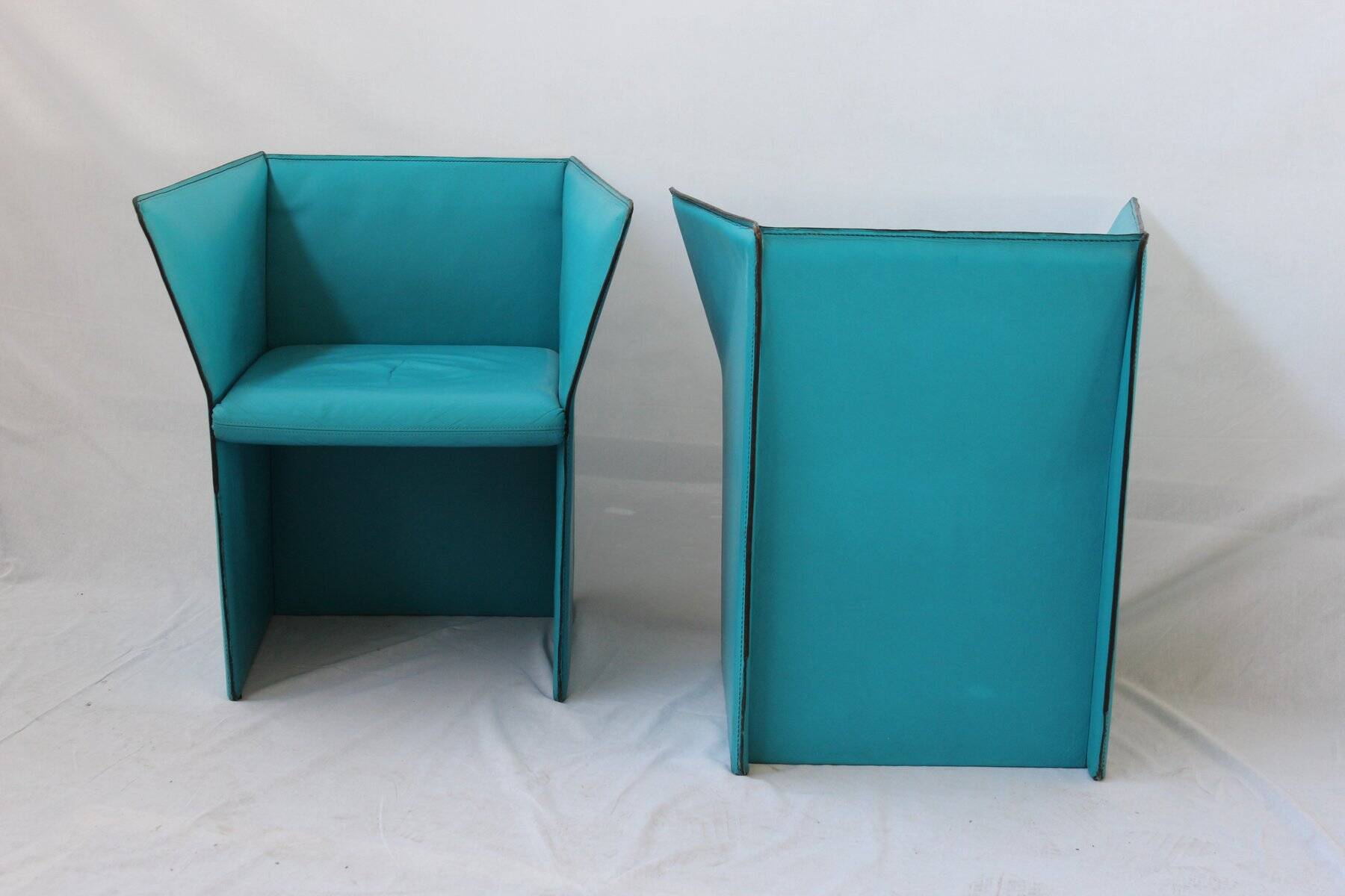 Set of Turquoise Leather Armchairs by Tito Agnoli, Italy, 1970s