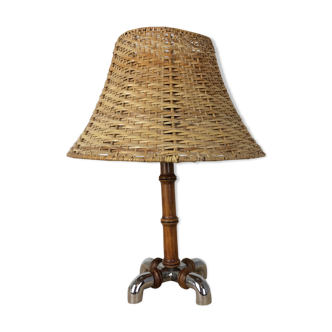 Lampe organique bois effet bambou et chrome, années 70