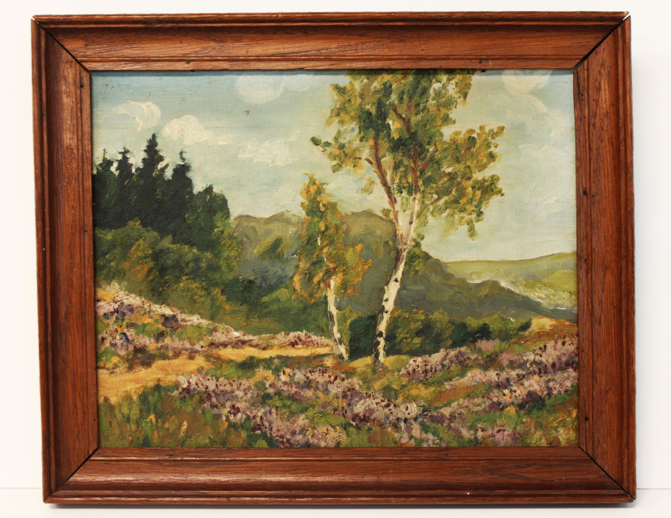 Oil on canvas depicting a wooded landscape.
