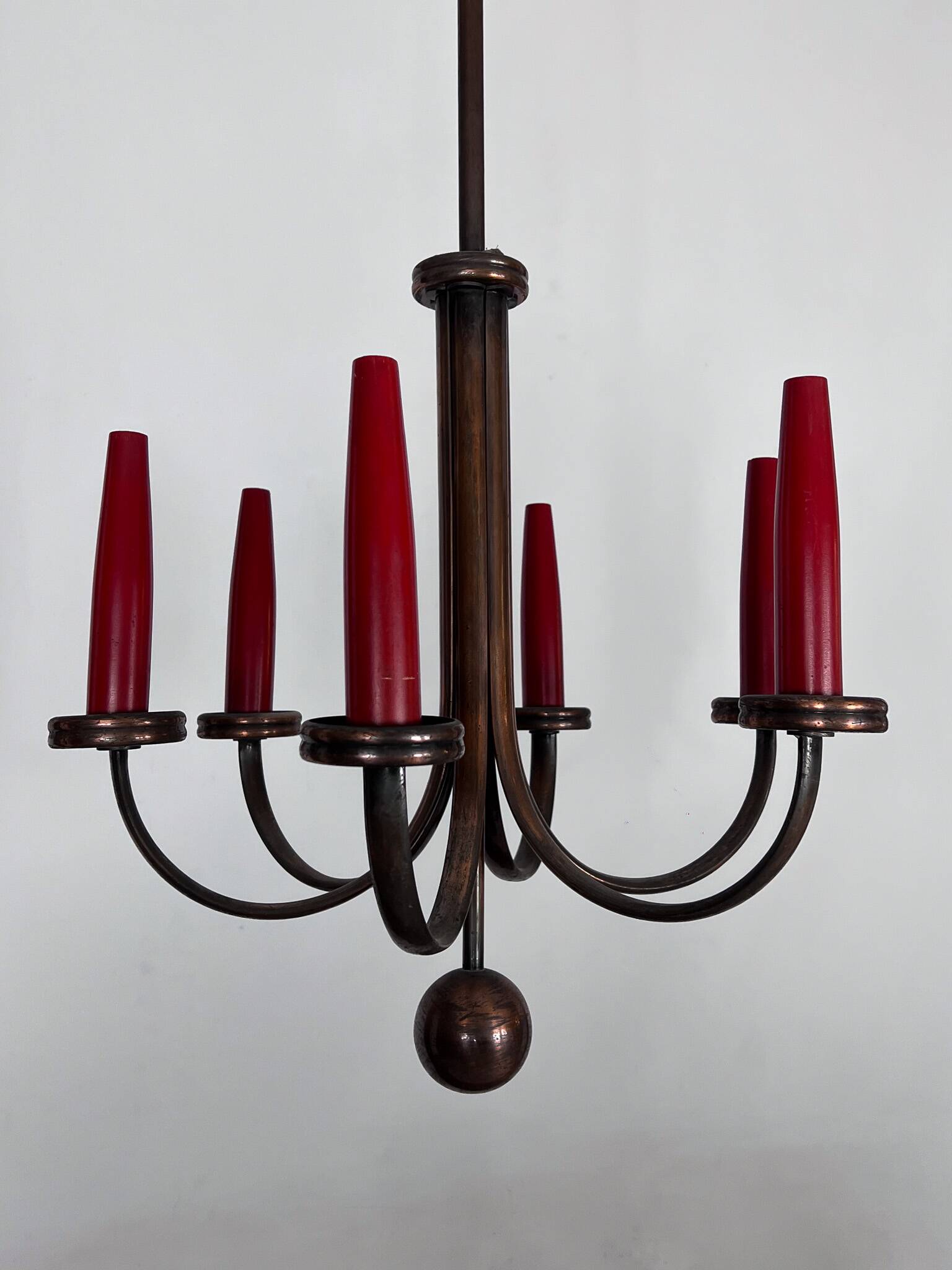 Mid-Century Modern six arms copper chandelier in Gio Ponti style. Italy 195
