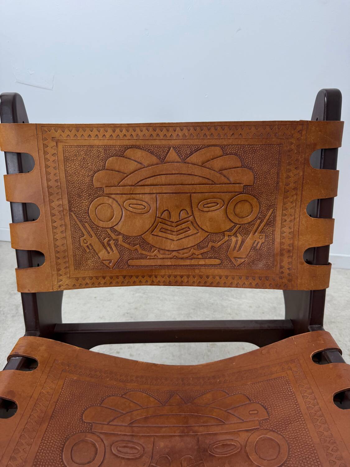 Vintage teak and leather armchair design Angel Pazmino brand Ecuador vintage 1960