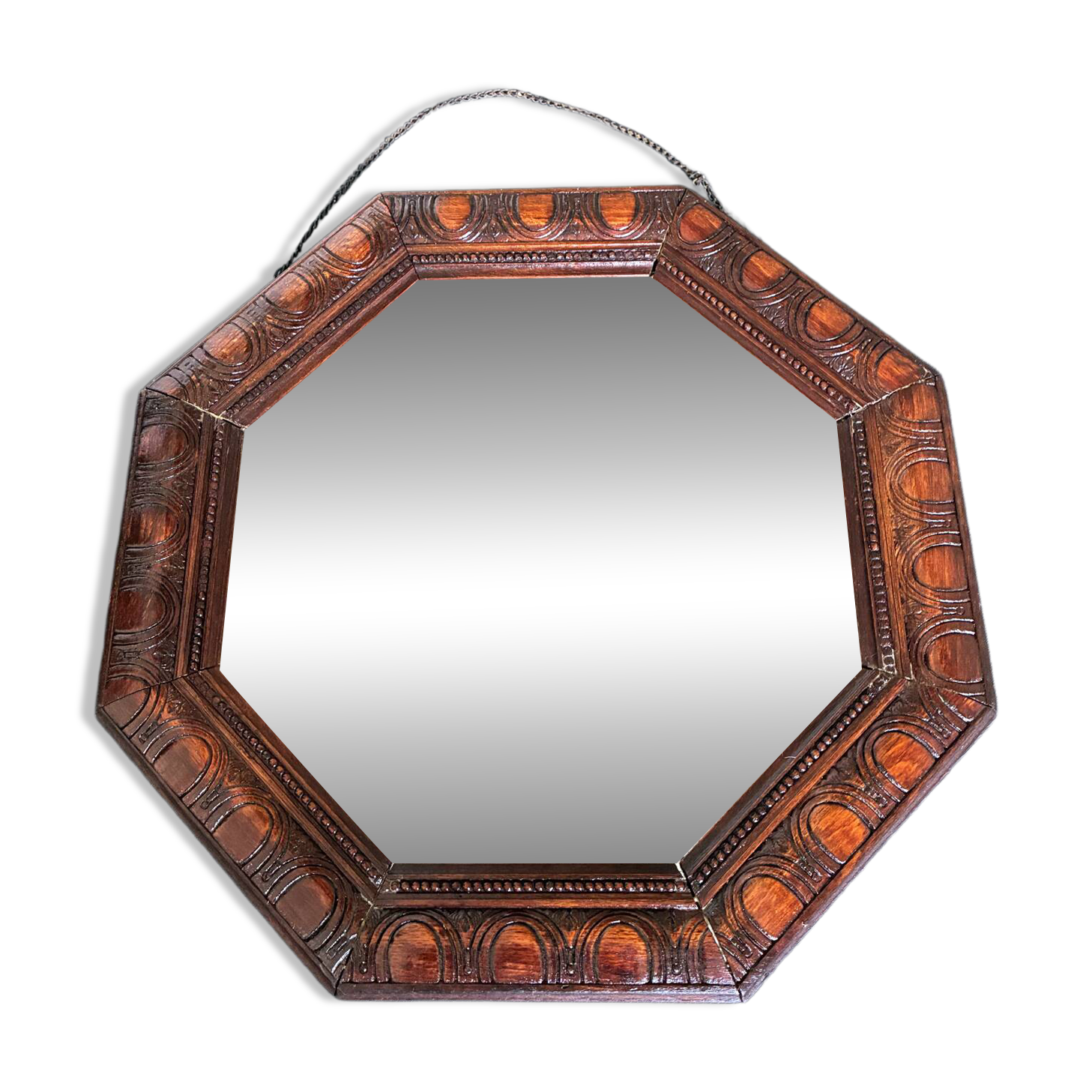Octagonal mirror, glossy varnished oak, Art Deco.
