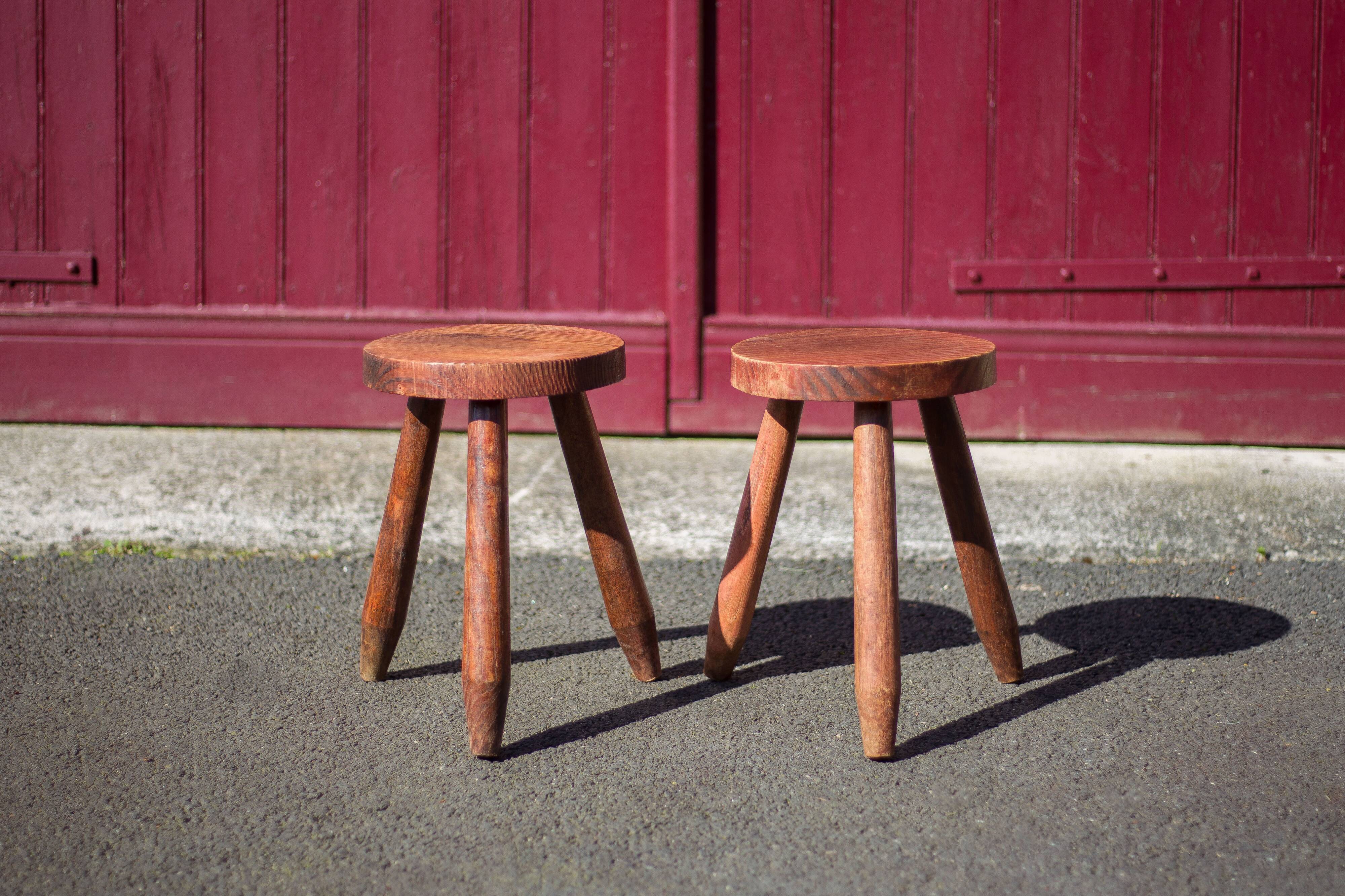 Pair of vintage stools, wooden stool, tripod stool, plant holder