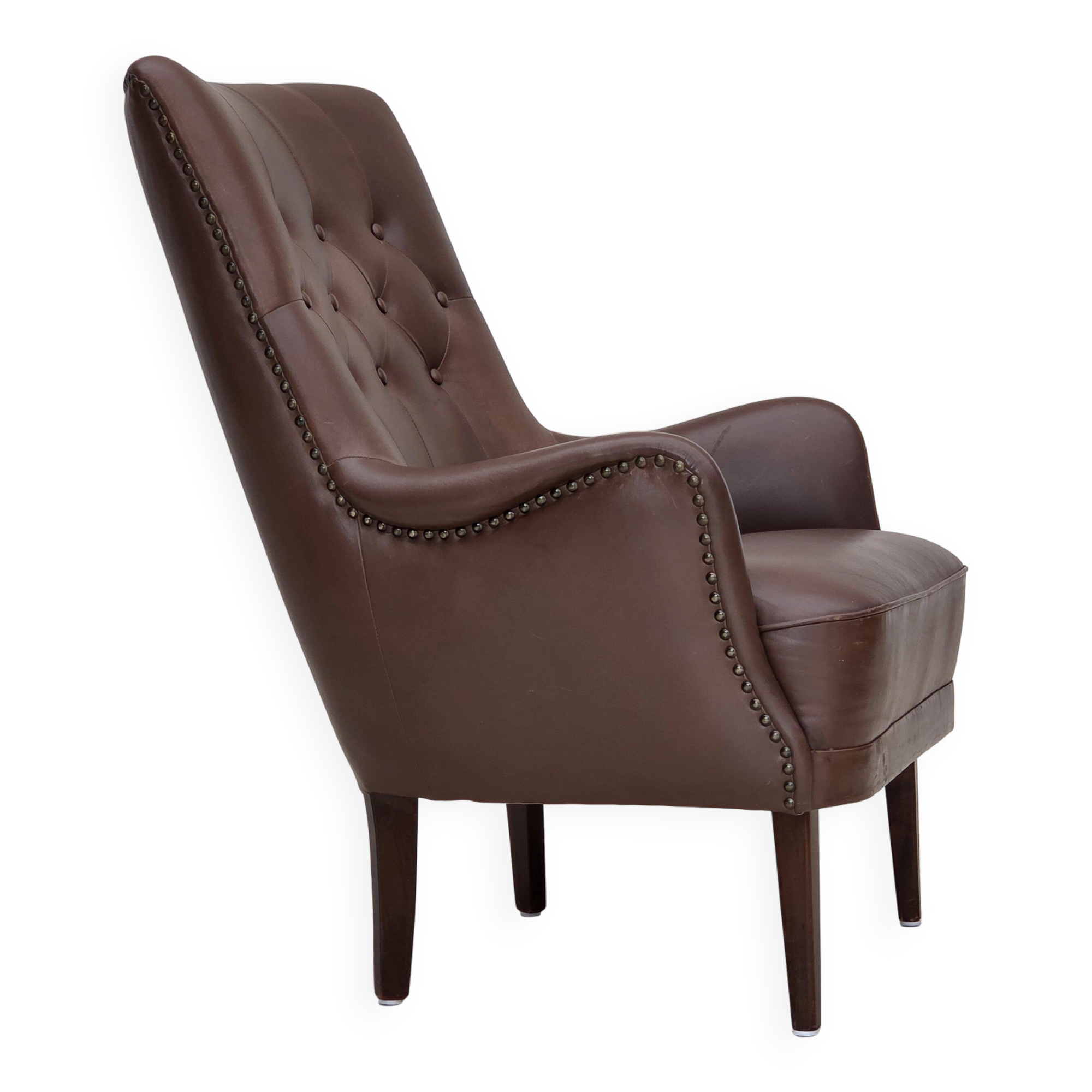 1970s, Danish armchair, original brown furniture leather.