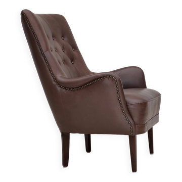 1970s, Danish armchair, original brown furniture leather.