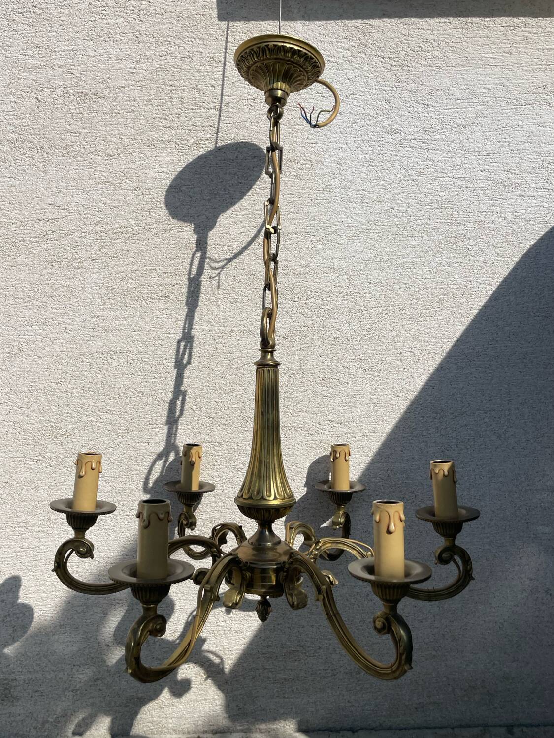 2 Louis XV brass chandeliers with 5 and 6 bulbs