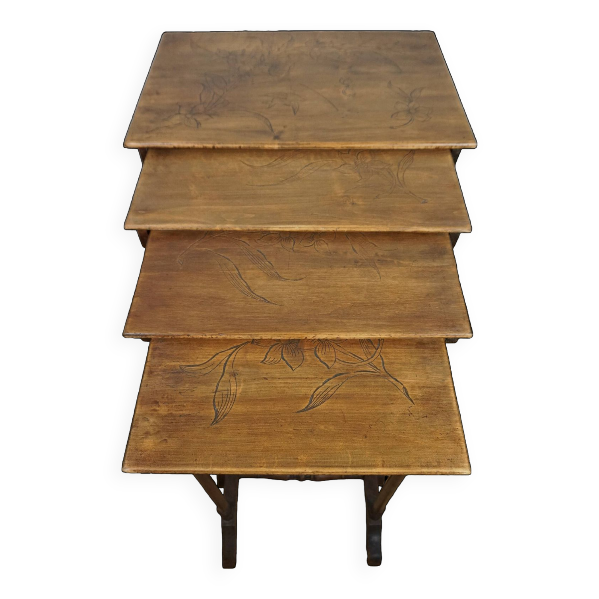 4 tables gigogne en bois art nouveau décor floral