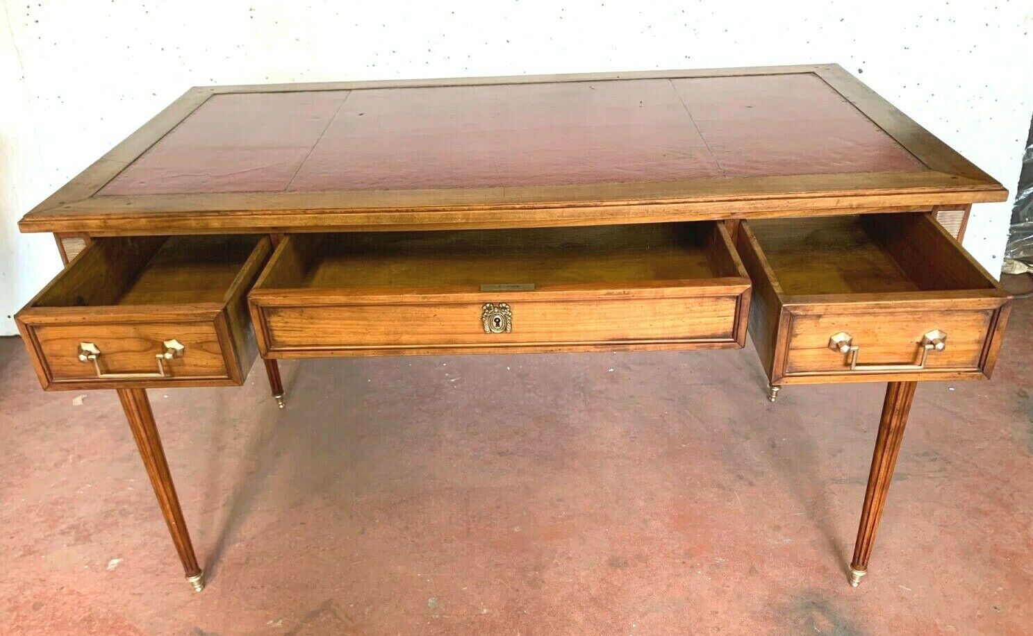 Louis XVI-style flat desk Merisier Red leather top 20th century