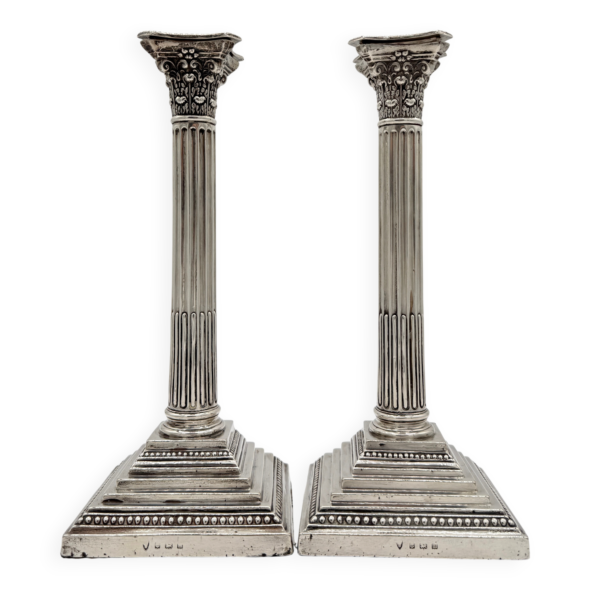 Pair of Victorian Sterling Silver Corinthian Column Candlesticks