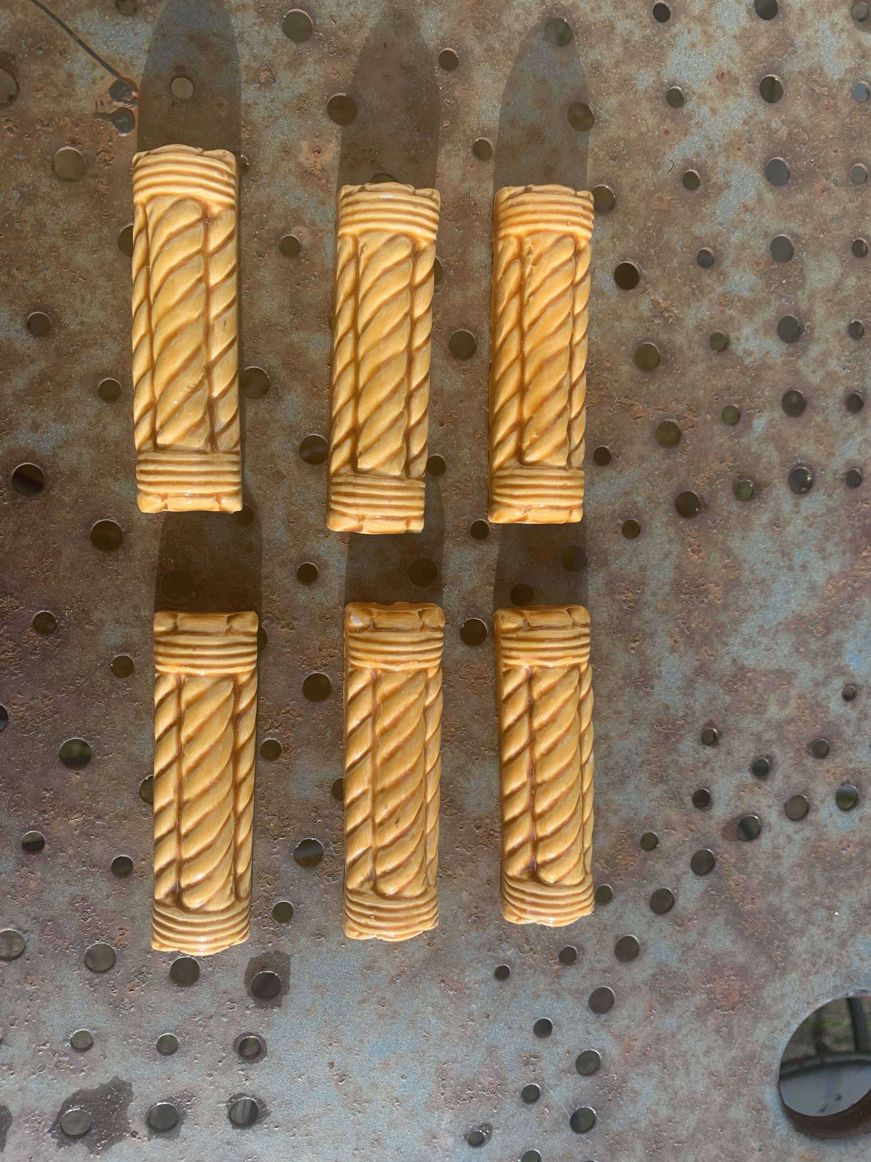 6 enameled ceramic knife holders, slip, vintage golden yellow