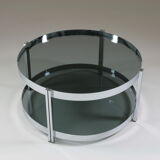 Round chrome-plated metal coffee table and smoked glass tops, France 1970s