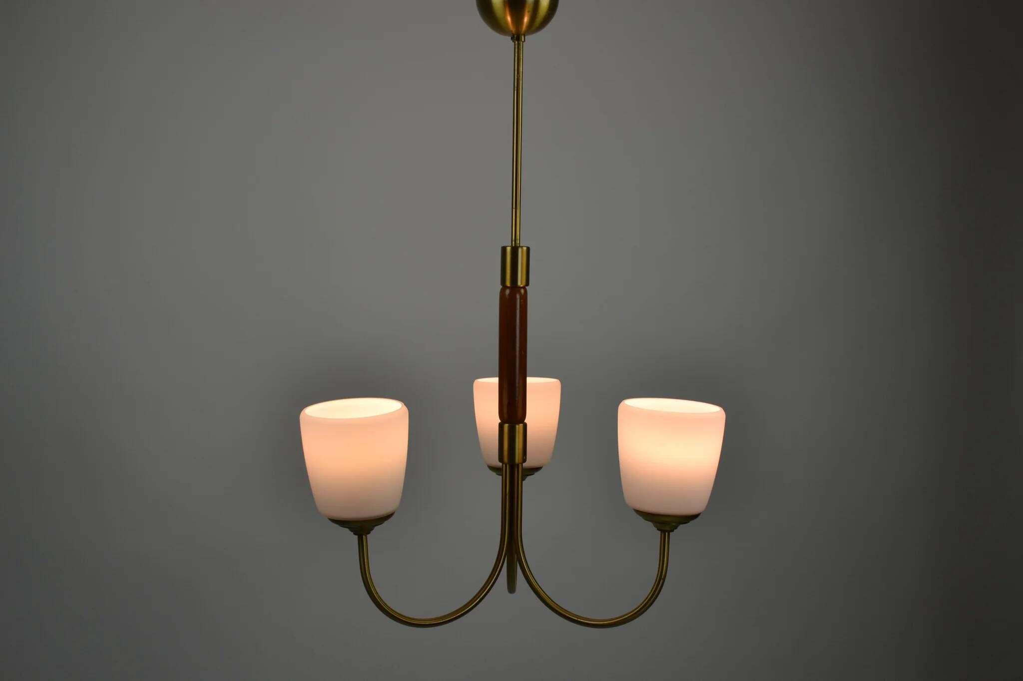 Scandinavian Modern Three-Light Pendant in Brass, Teak and Opaline Glass, 1960s