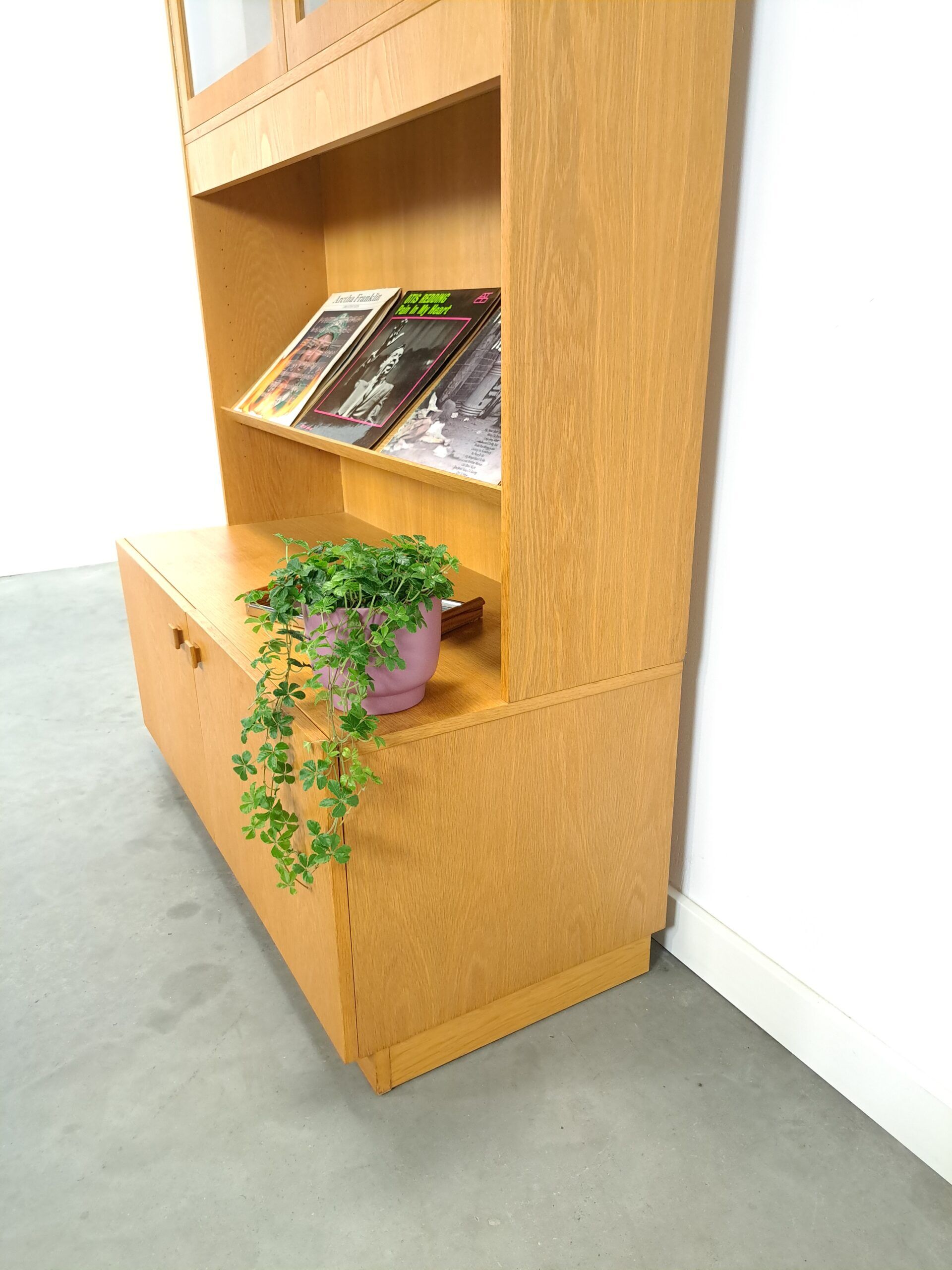 Tall LP display cabinet with glass doors and magazine shelf from Sweden