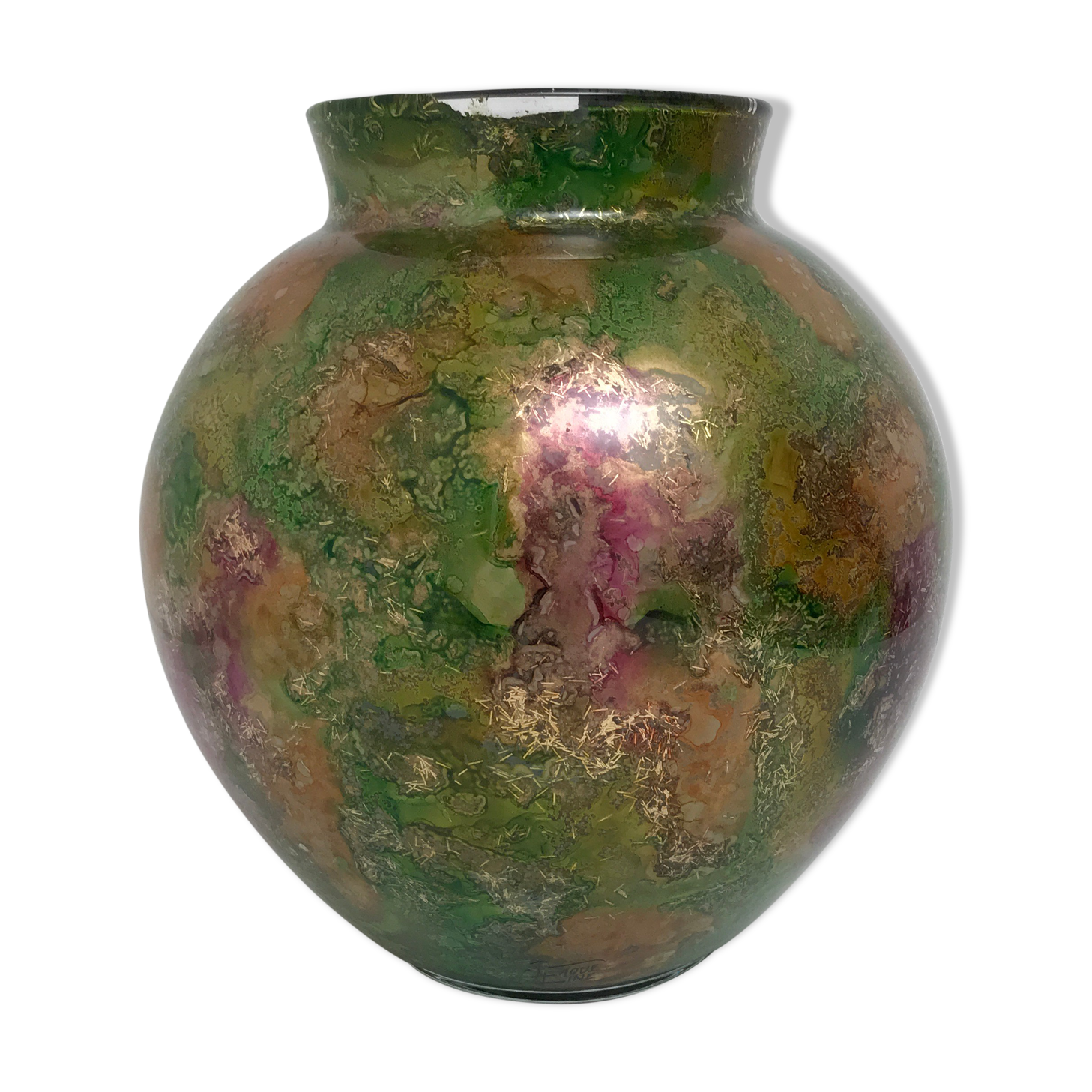 Linear lacquered glass vase 1970-1980 with internal decoration of gold oxides unique handmade piece