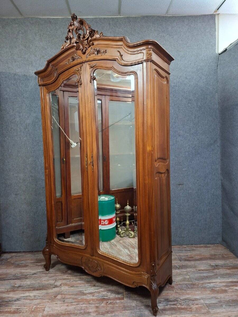 antique walnut carved wardrobe – Louis XV style – mirror doors – 19th century