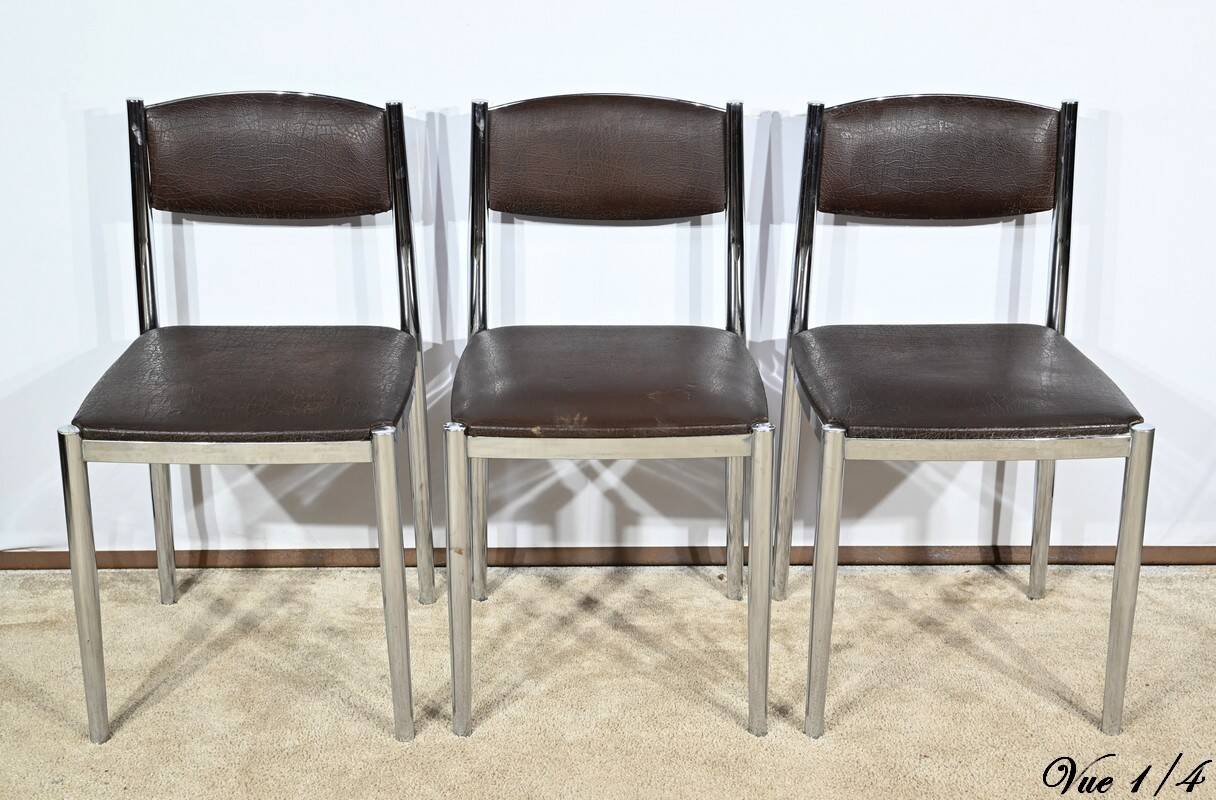 Suite of 3 Leather and Chrome Metal Chairs, attributed to Collomb Creation – 1970