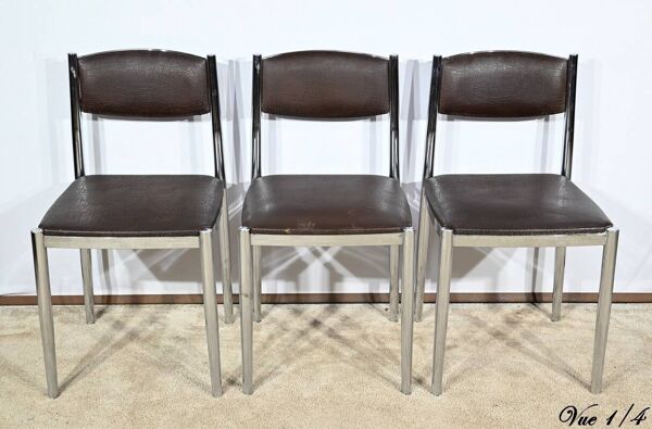 Suite de 3 Chaises en Cuir et Métal Chromé, attribuées à Collomb Création – 1970