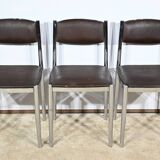 Suite of 3 Leather and Chrome Metal Chairs, attributed to Collomb Creation – 1970