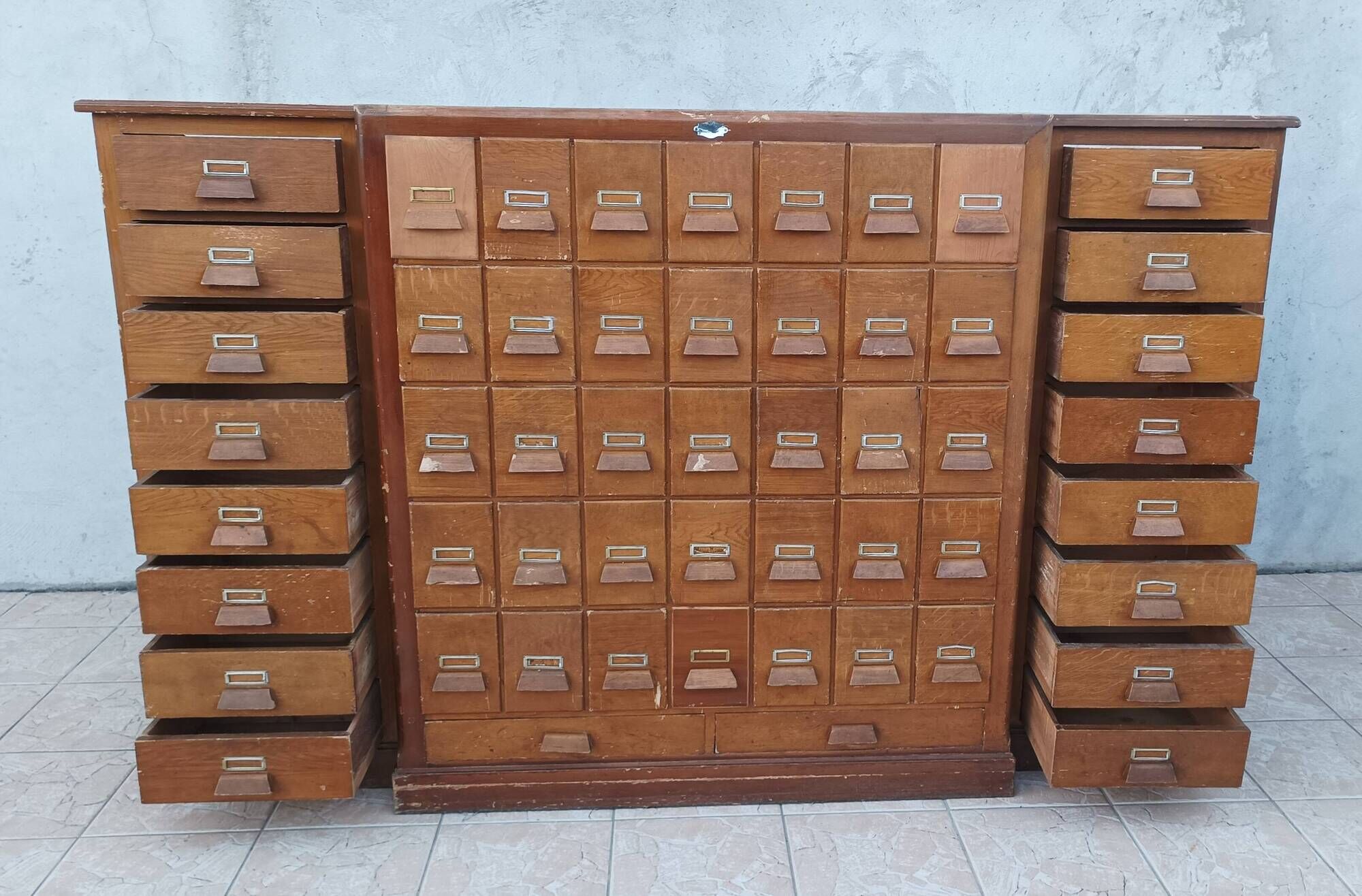 Apothecary or trade cabinet in fir with 53 drawers.