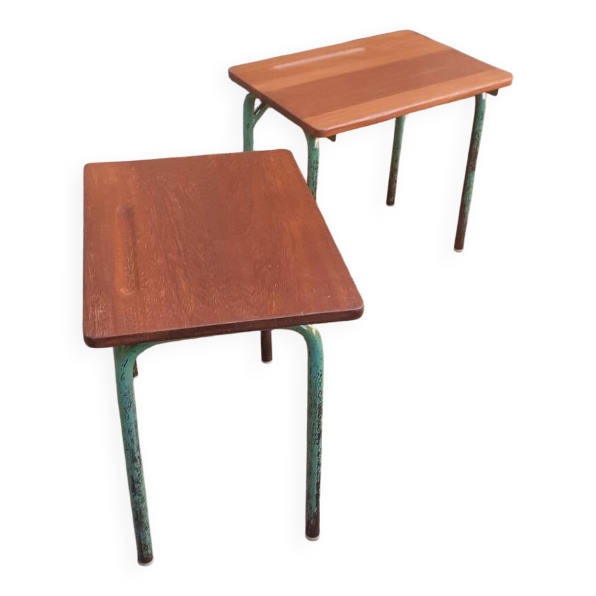 Pair of 1960s tables in tubular metal and solid teak