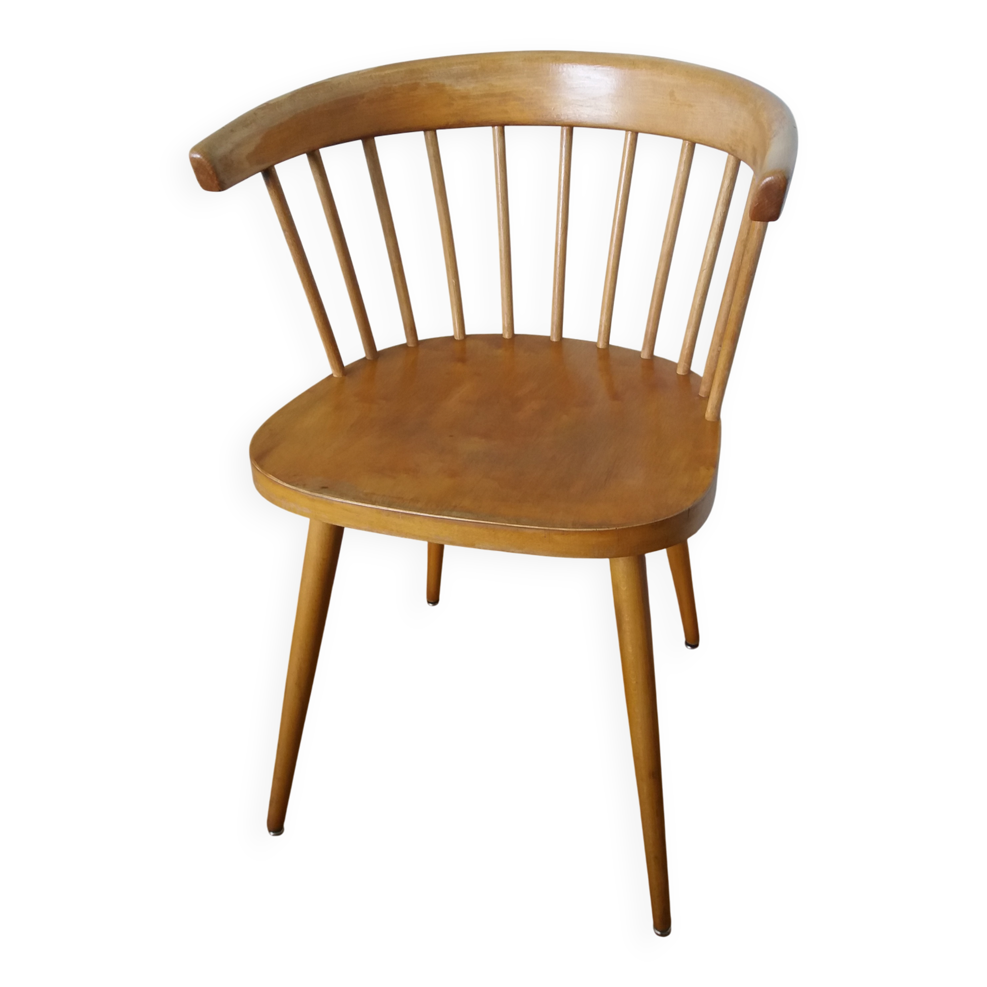 Fauteuil en bois, pieds compas, style scandinave, Baumann ou Thonet
