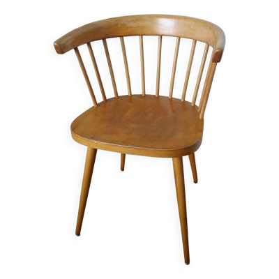 Fauteuil en bois, pieds compas, style scandinave, Baumann ou Thonet