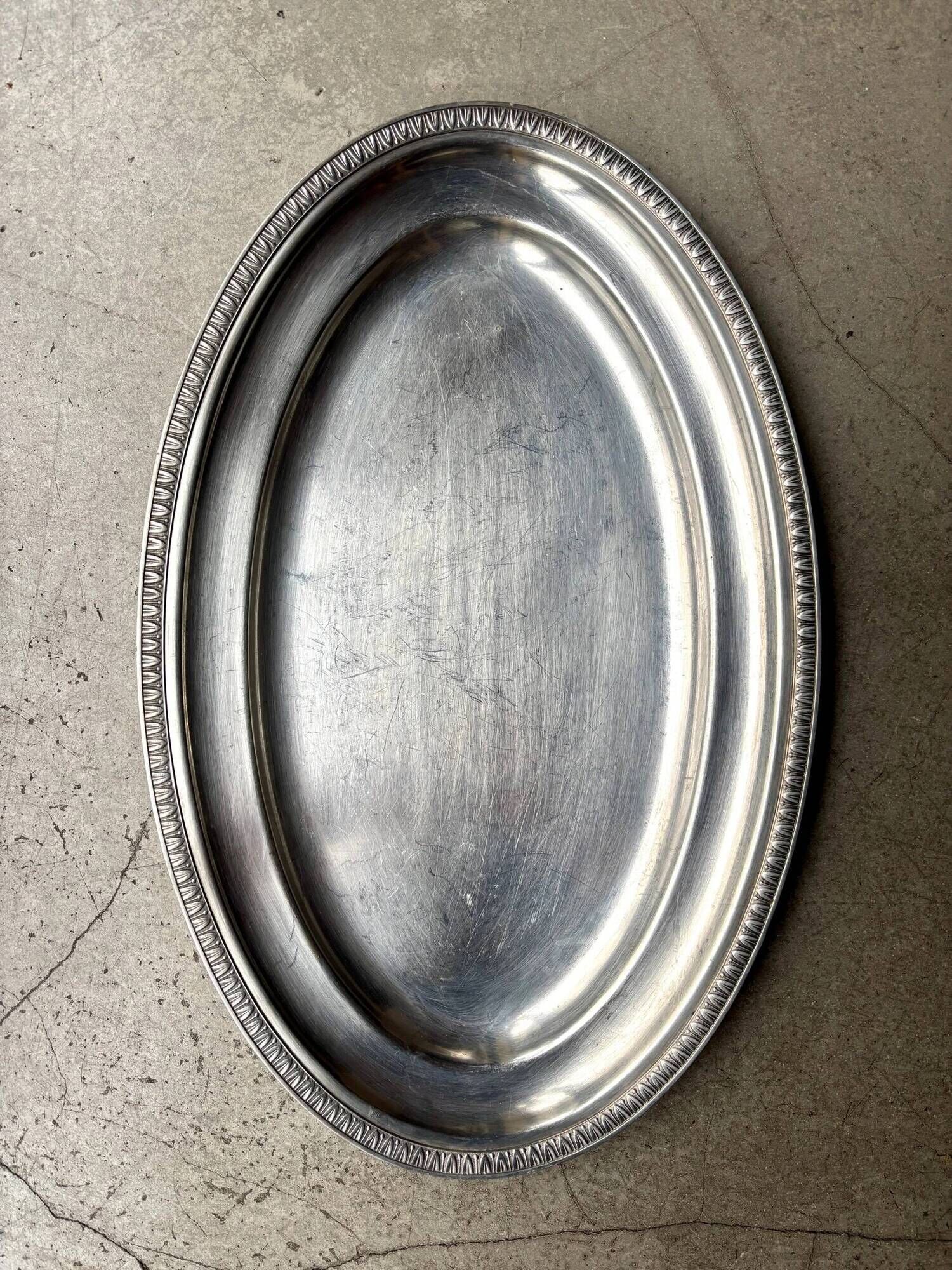 Oval silver-plated metal dish with palmette motif