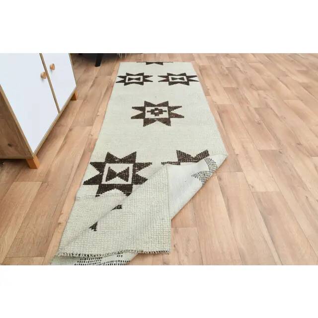 1970s Vintage Turkish Oushak Handmade Wool Cotton Beige Runner Rug 88x279