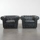 Set of 2 black Chesterfield armchairs in grained cowhide leather