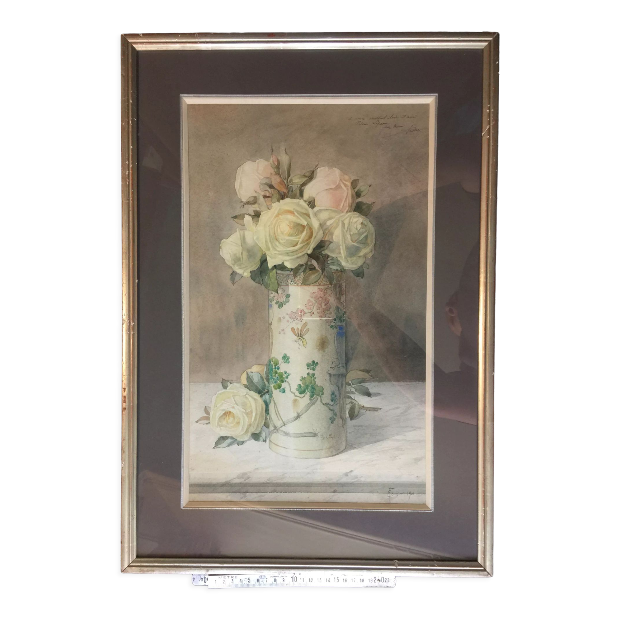 Ernest FOUSSIER 1901 "White roses in a Japanese vase"watercolor signed