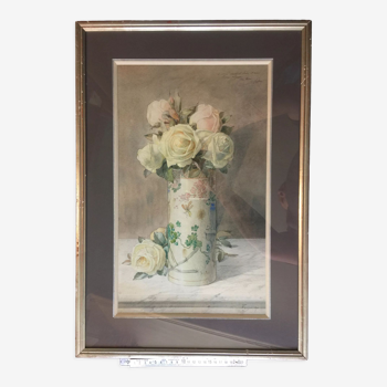 Aquarelle  "roses blanches dans un vase japonisant" signée ernest foussier 1901