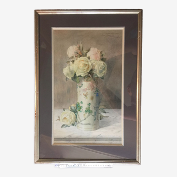 Ernest FOUSSIER 1901 "White roses in a Japanese vase"watercolor signed