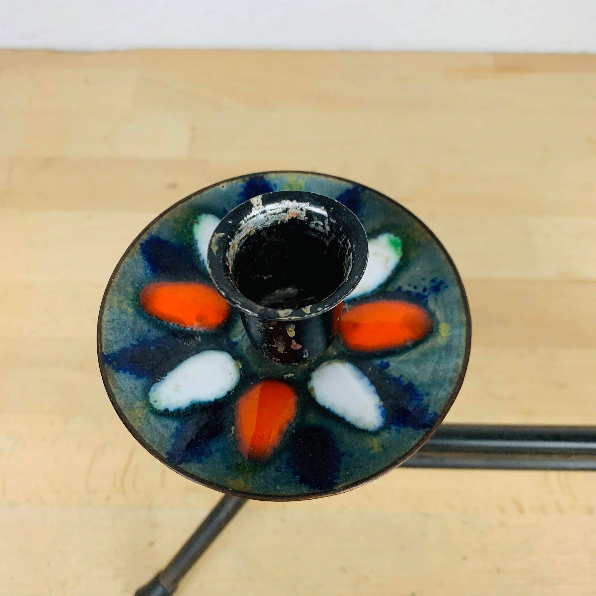 Vintage 50s iron candle holder, enameled signed