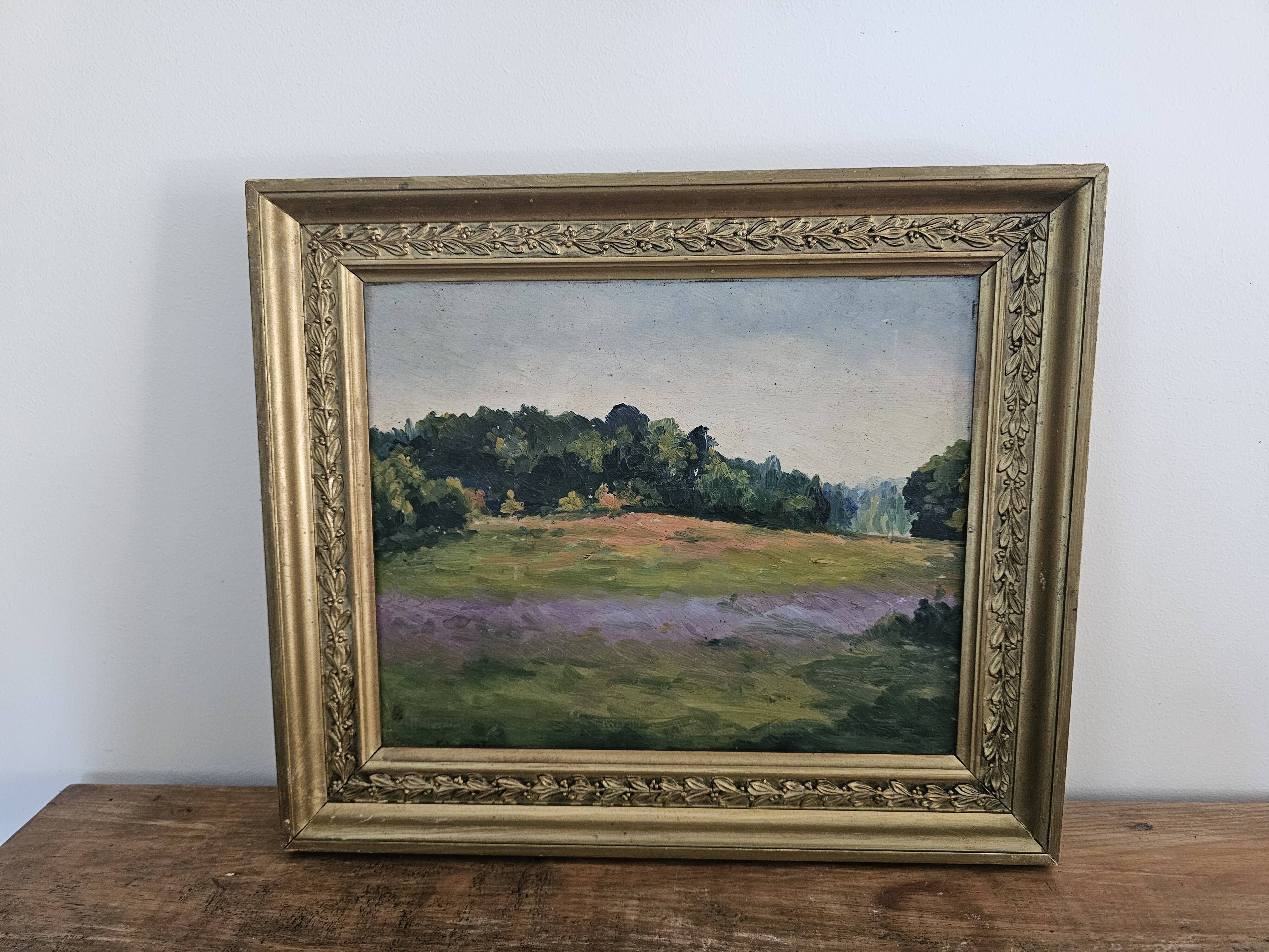 Oil Painting on Cardboard - Landscape of Flowering Hills - Not Signed