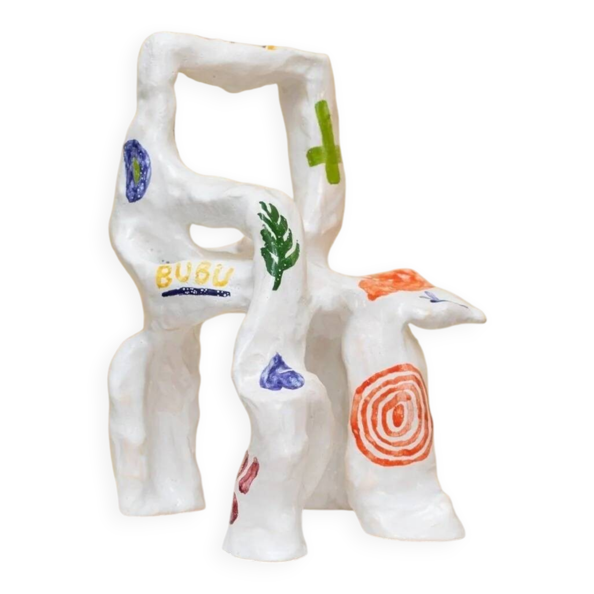 White glazed ceramic sculpture by Paul Wille Jacobs – Modern abstract form with painted color accents