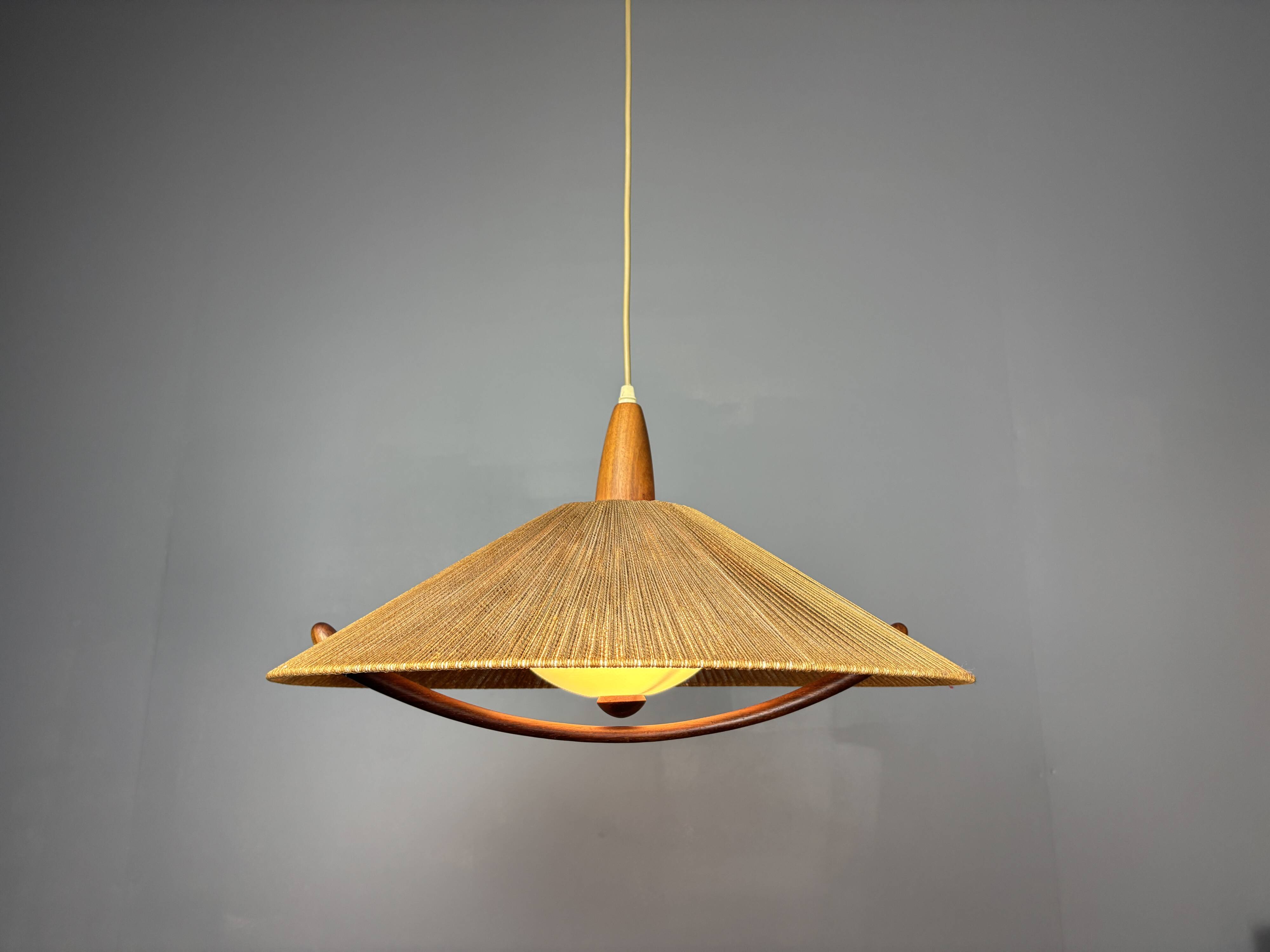 Large Mid-Century Teak and Sisal Cord Pendant from Temde Leuchten, 1960s