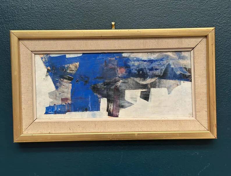 Original Swedish Oil on Panel – "Blue Composition" by Gunnar Nordström – Signed – Vintage and Framed – 24.5 × 18.5 cm (9.6 in × 7.3 in)